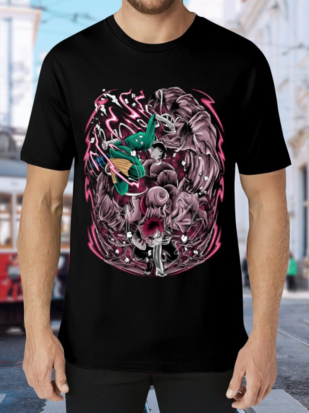 Graphic Short Sleeve Tee - Black with Pink & Green Art